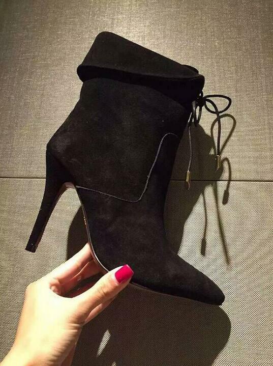 Hot selling women ankle boots pointed toe fur inside lace-up high heel booties size 34 to 39 discount price party drees shoes wo