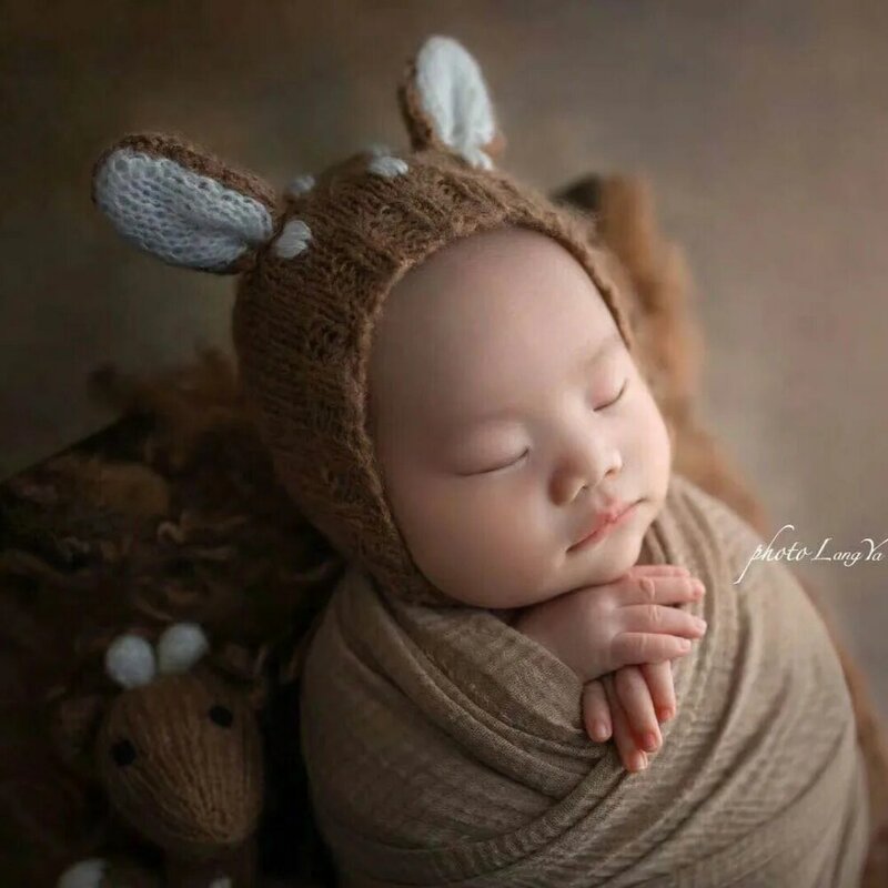 Cappello di renna neonato Wrap And Toy Set Crochet Mohair Deer Doll Photography puntelli Knit Baby Bonnet Toy Wrap accessori per foto
