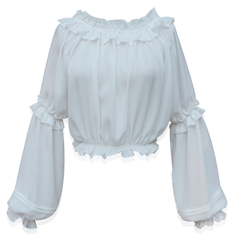 Chemise Lolita courte en mousseline de soie pour femmes, chemisier victorien gothique, blanc, noir, printemps été