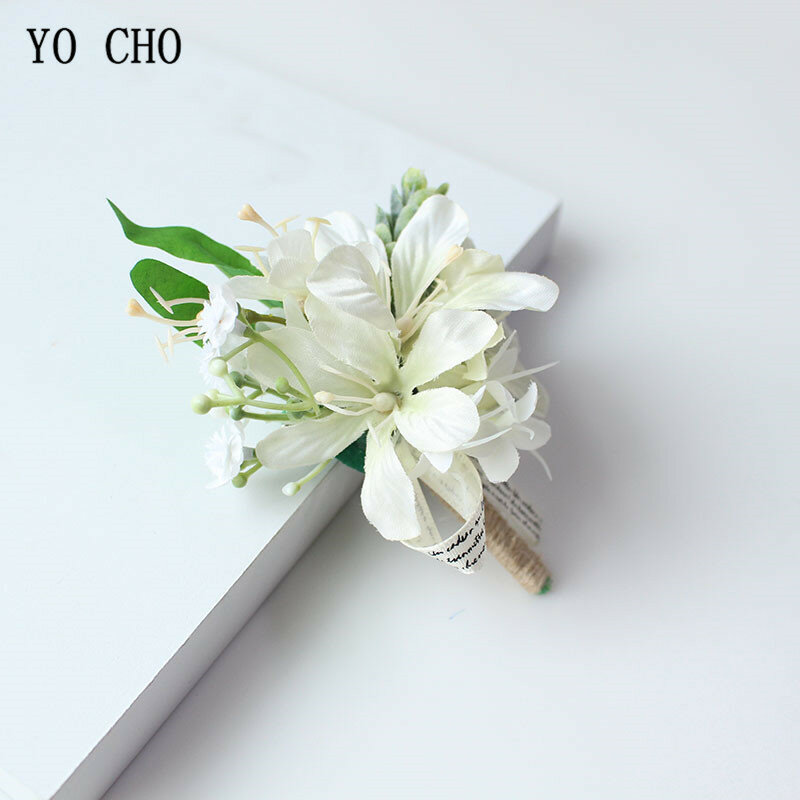 YO CHO biała panna młoda ręka kwiat na nadgarstek bukiet ślubny Handmade jedwab Flores Boutonniere stanik Pin dla druhen kwiaty dekoracyjne