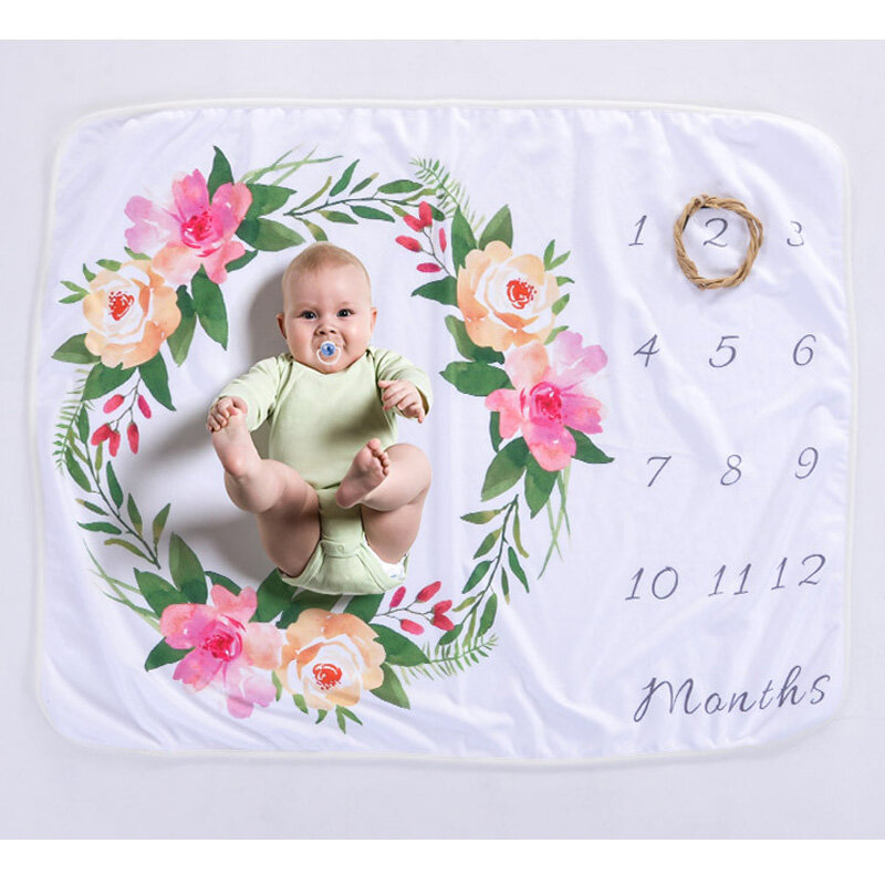 Manta de hitos para bebé, accesorios de fotografía de fotos DIY, mantas de crecimiento mensual impresas con letras de flores para recién nacido, 76x102cm