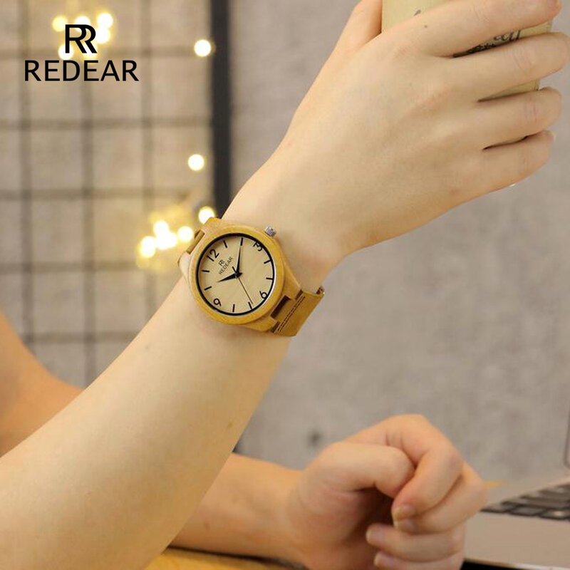 ขายส่ง REDEAR คู่นาฬิกาคลาสสิกนาฬิกาไม้ไผ่สตรีจริงหนังควอตซ์นาฬิกาข้อมือของขวัญกล่อง