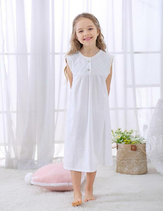 Summer Children's Nightgown Baby Girls Clothes Lace Spliced Kids Sleepwear Vintage Princess Home Wear Long Sleeve Pajamas Y785
