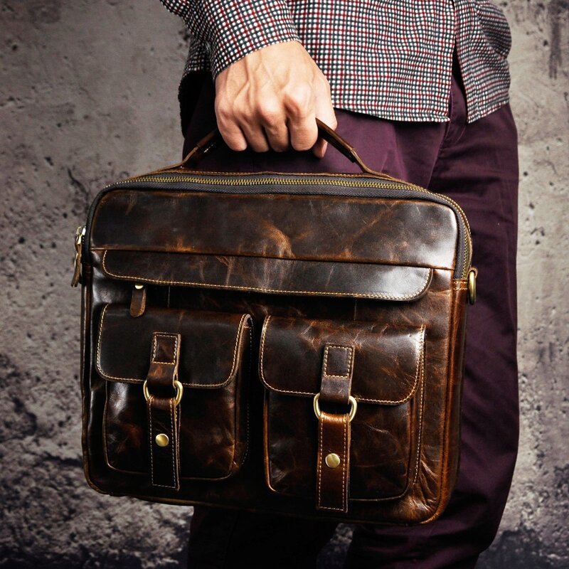 Mannen Kwaliteit Lederen Antieke Reizen Bedrijfsaktentas 13 "Laptop Case Attache Portfolio Tas Een Schouder Messenger Bag B207-c