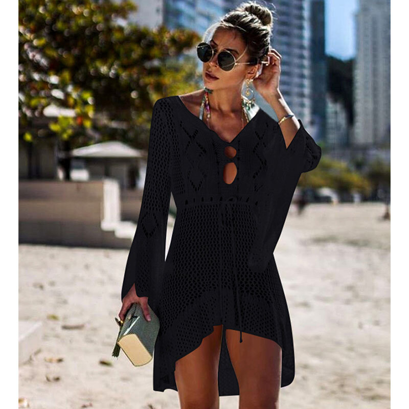 2019 크로 셰 뜨개질 흰색 니트 비치 커버 드레스 튜닉 긴 pareos 비키니 커버 ups 수영 커버 로브 plage beachwear