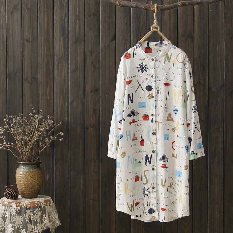 Wiosenna i letnia damska długa bluzka koszula estetyczne drukowane koszulki z literami cienka bawełna lniana koreańskie ubrania trzy czwarte blusas