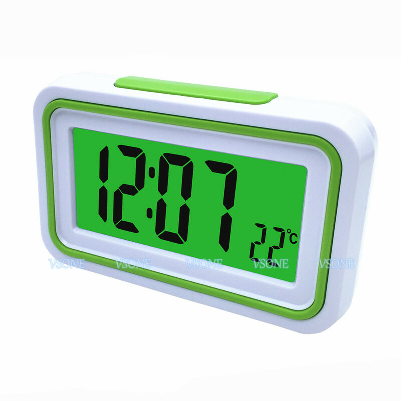 Relógio de alarme digital em lcd com termômetro, iluminado atrás, para persiana ou baixa visão, 4 cores