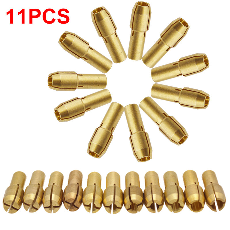 11 unidades/pacote bronze dremel collet mini mandris de broca incluindo 0.5/0.8/1.0/1.2/1.6/1.8/2.0/2.2/2.4/3.0/3.2mm caber dremel ferramentas giratórias