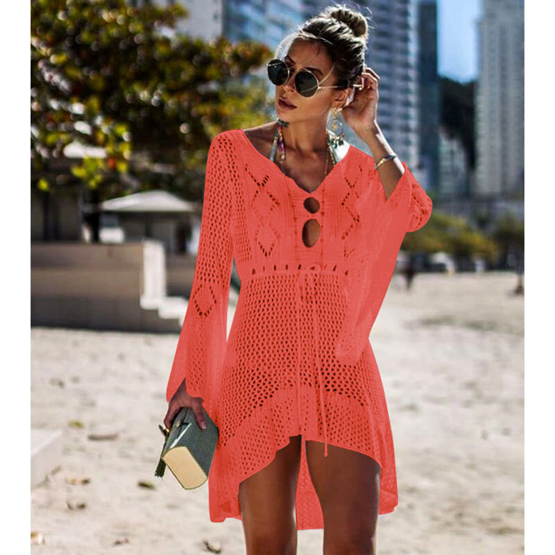2019 크로 셰 뜨개질 흰색 니트 비치 커버 드레스 튜닉 긴 pareos 비키니 커버 ups 수영 커버 로브 plage beachwear