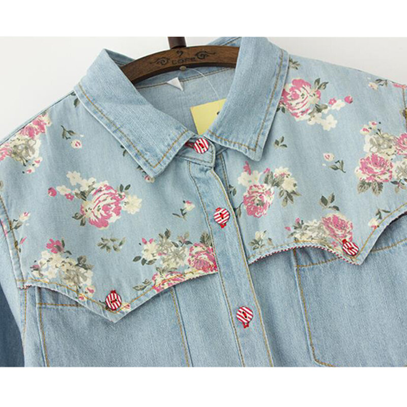 Musim gugur Denim Blouse Plus Ukuran 4XL Wanita Longgar Tops Bunga Print Patchwork Jins Blus Lengan Panjang Vintage Shirts Blusas AB327