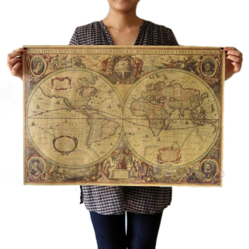ملصق ورق عتيق بني غير لامع 71 × 50 سنتيمتر ، خريطة العالم القديم ، ديكور جدران المنزل