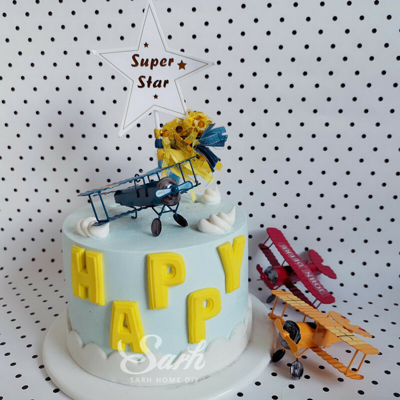Merah Biru Kuning Retro Pesawat Dekorasi Kue Dekorasi Pesta Ulang Tahun untuk Kue Hadiah Lucu