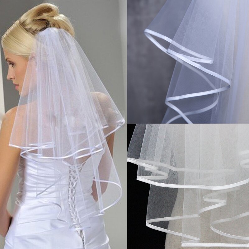 Vestido de casamento feminino véu duas camadas tule borda de fita véus de noiva acessórios