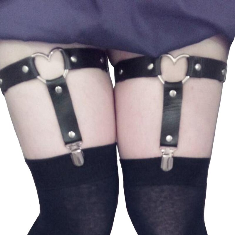 Cinta-liga feminina com rebites, anel de couro artificial com elasticidade para meia-calças e coxas