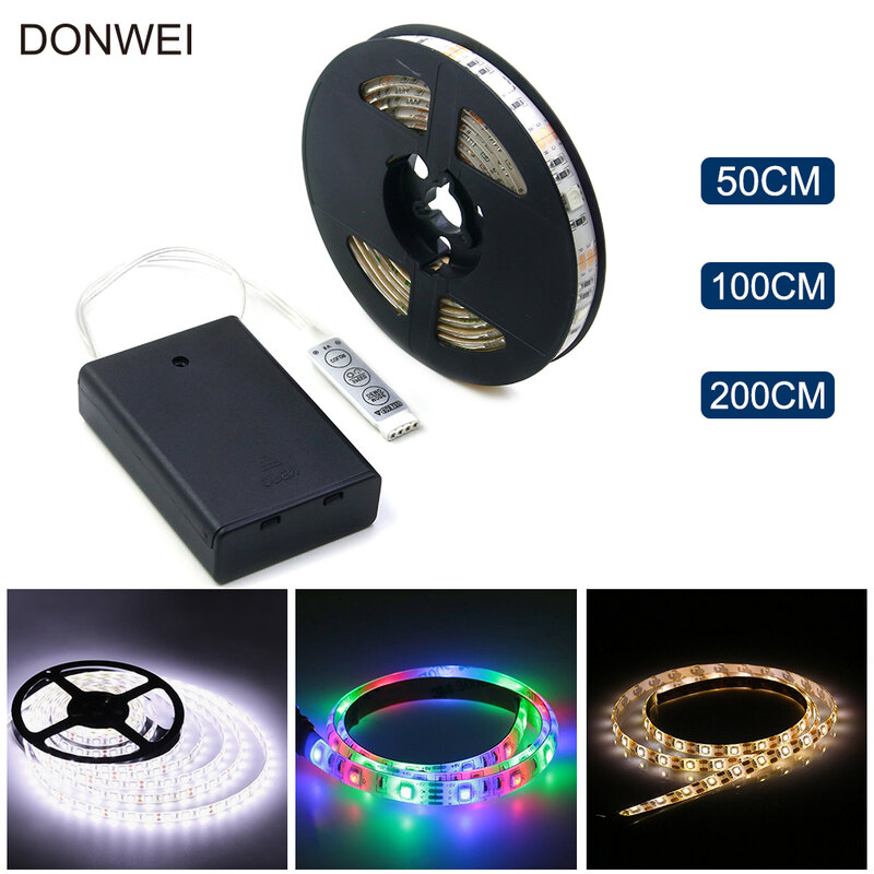 Tira de LED alimentada por batería, 50CM, 1M, 2M, 3528 SMD, resistente al agua, Flexible, tira de luces LED, Blanco cálido, blanco frío, RGB