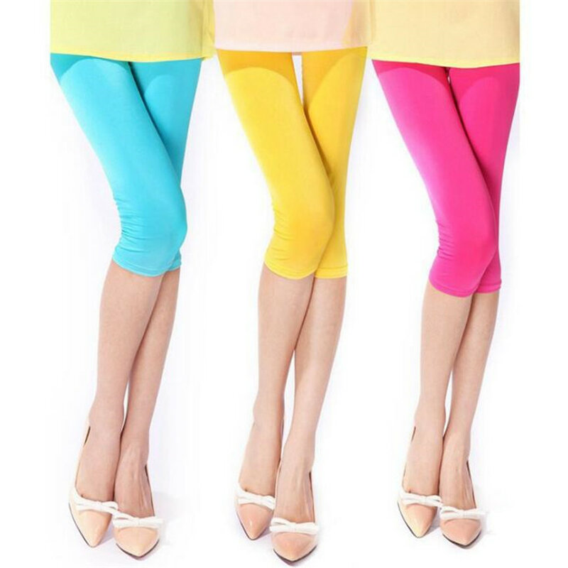 CUHAKCI Women Summer Leggings Sexy Solid Leggins Candy Neon High Stretched Short Jeggings Fitness Ballet Cropped Trousers