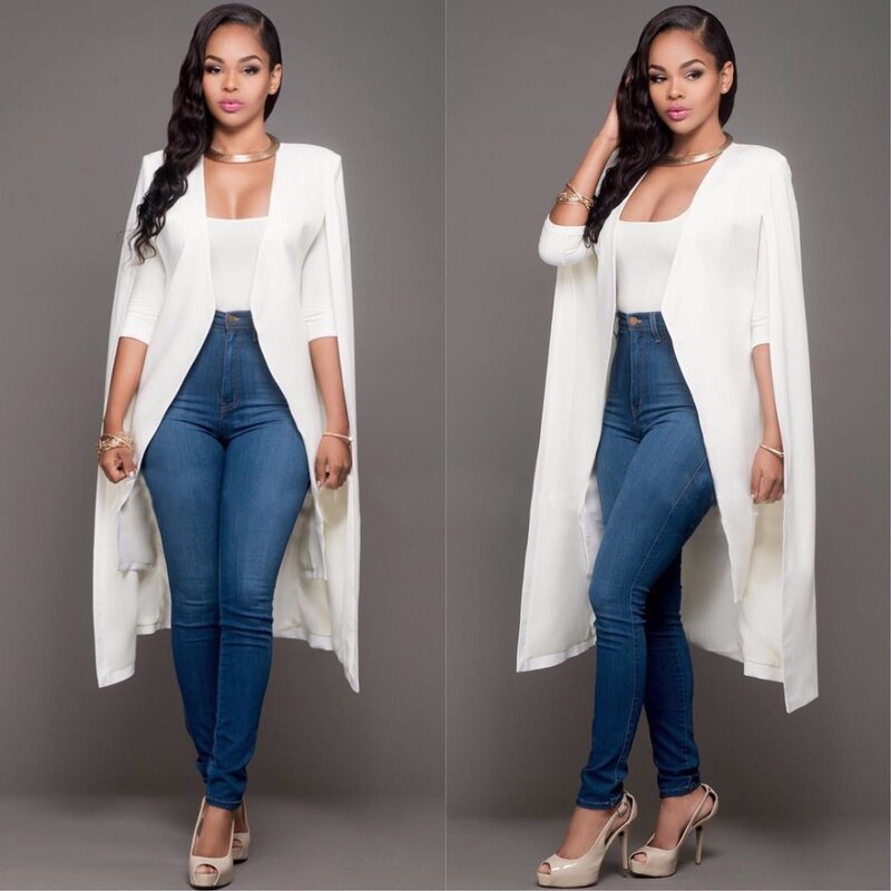 Women Cloak Cape Long Blazer Coat Fashion Black White Personality Notched Neck Lapel Split Jacket Suits Workwear Blazer Feminino