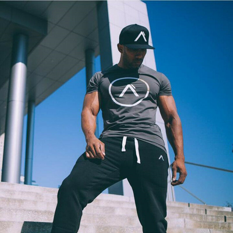 ALPHA Mens Brand gyms t shirt Fitness Bodybuilding Slim Cotton Shirts Men Short Sleeve workout male Casual Tees Tops