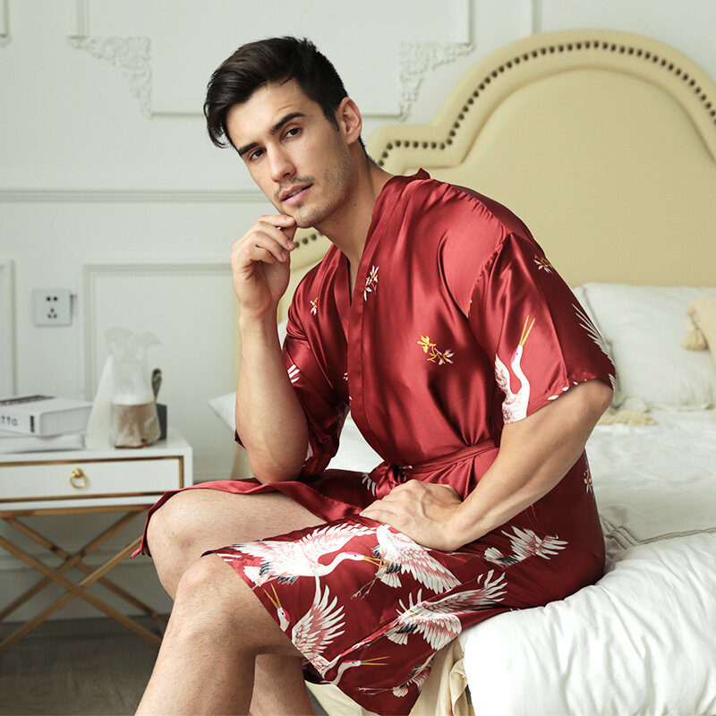 Đen Nam Giới Trung Quốc Tơ Rayon Áo Dây Mùa Hè Thường Ngày Cưới Rể Đồ Ngủ Cổ Chữ V Kimono Yukata Tắm Bầu Plus Size XXXL