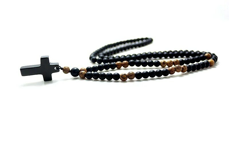 Perle di legno di pietra nera da 6MM con ciondolo croce in pietra nera collana rosario da uomo gioielli Mala da uomo