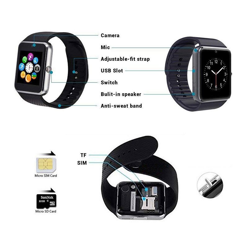 Reloj inteligente hombres GT08 con pantalla táctil Batería grande soporte TF tarjeta Sim cámara para IOS iPhone Android teléfono reloj Mujer
