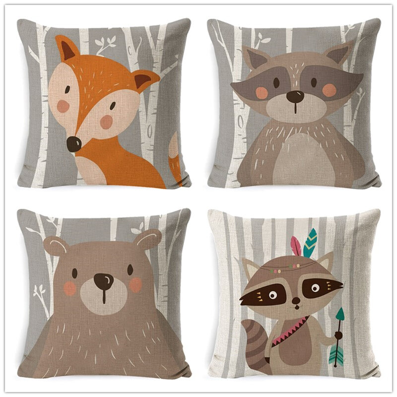 Tribu bois Animal housse de coussin ours renard imprimé taie d'oreiller en lin décoratif pour chaise canapé décor à la maison jeter taie d'oreiller