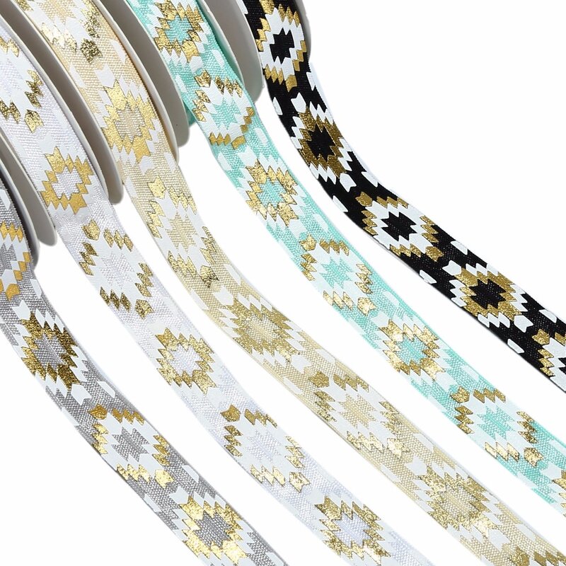 5/8" gold foil aztec printed foe elastic ribbon fold over elastic for DIY