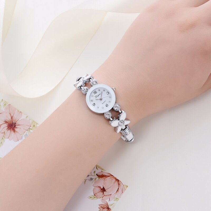 Damska czterolistna koniczyna błyszczący kwiat Rhinestone analogowy zegarek kwarcowy na rękę