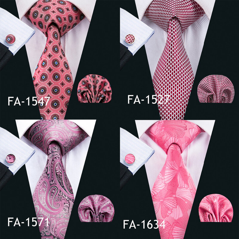 Barry.Wang New Pink Tie For Wedding Men's Ties Set With Hanky Cufflinks 100% Silk Men Neck Tie For Male Wedding Party Business