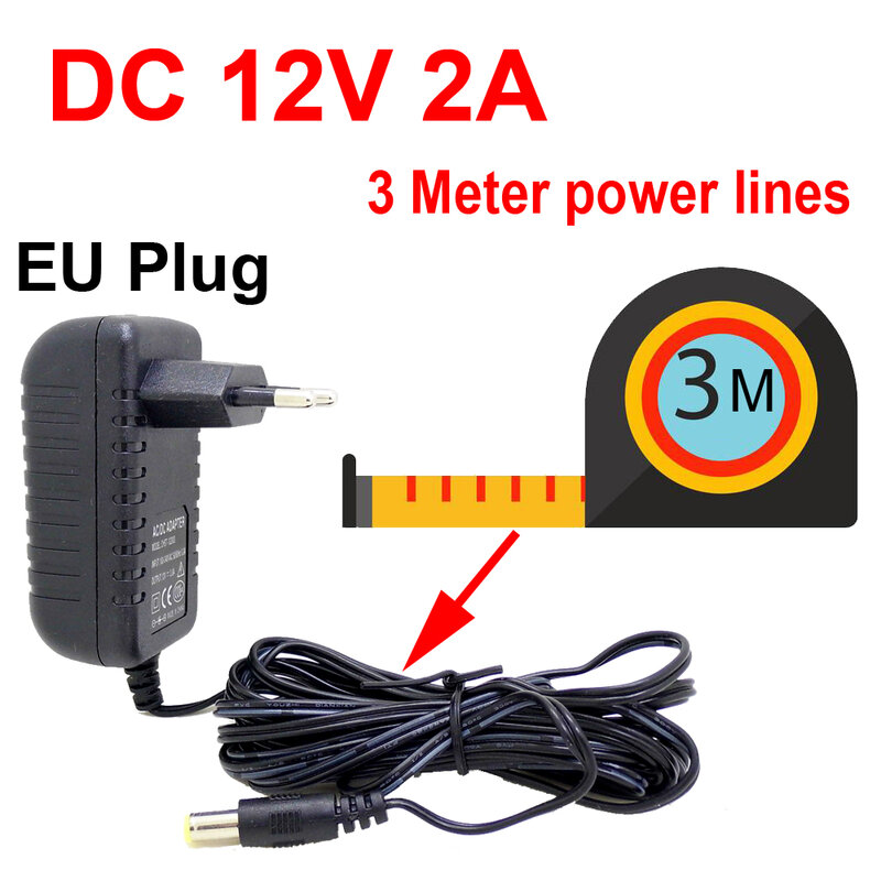 Adaptador de corriente CA/CC con enchufe europeo, cargador de 3 M, Cable de alimentación para cámara CCTV, CA 100-240V, cc 12V, 2A (2,1mm x 5,5mm)