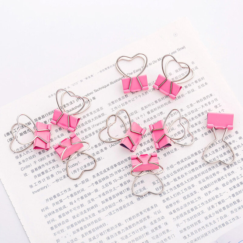 Clipe de coração vazado de metal 5 tamanhos rosa clipe de fichário notas escritório clipe de papel
