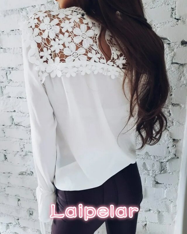 Laipelar  Summer New Fashion Women's Chiffon blouse Casual O-Neck Long Sleeves Lace Patchwork Shirts Loose tops