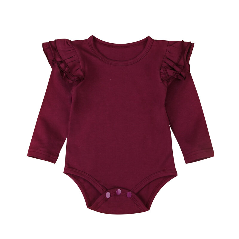 Barboteuse en coton pour nourrissons filles, vêtements de combinaison à manches longues, à volants, couleur unie