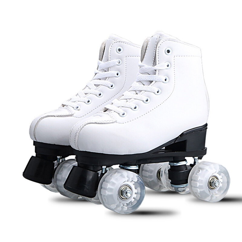 Japy patins de couro artificiais, sapatos de skate de duas linhas com 4 rodas em pu branco, adulto, feminino e masculino