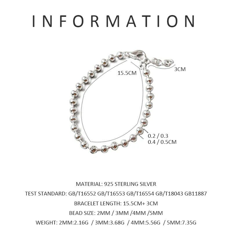 100% 925 srebrny duży korale bransoletka 2mm 3mm 4mm 5mm bransoletka dla kobiet moda biżuteria dla bankiet ślub rocznica