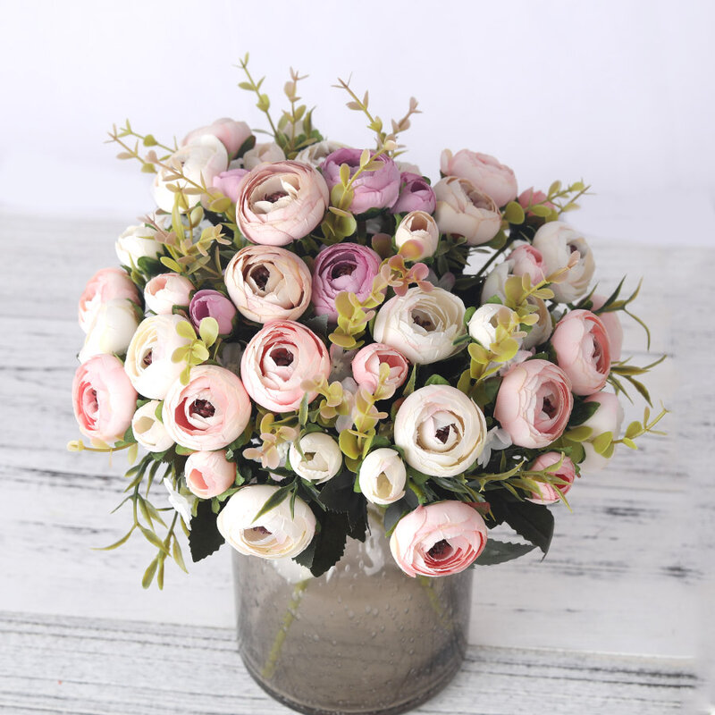 Rosas de té de seda artificiales, ramo de flores falsas, estilo Vintage europeo, 6 cabezas, 4 brotes pequeños, boda, hogar, fiesta, decoración artesanal
