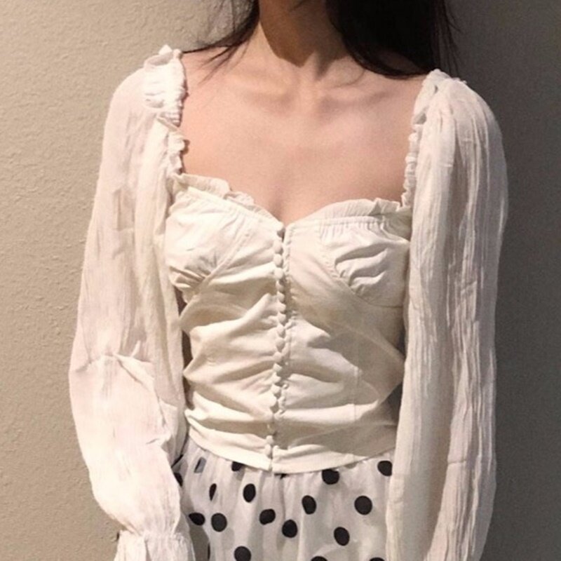 Camisa vintage branca para mulheres, blusa retrô com gola quadrada feminina, manga curta de balão, estilo quadrado, dd2175, verão 2019
