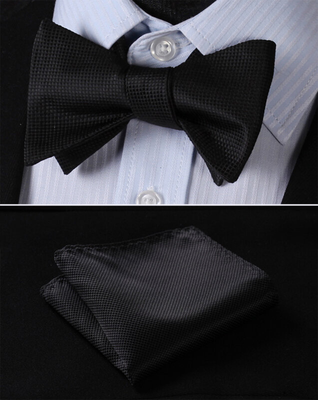 BC2001L Pure Black Check Classic 100%Silk Jacquard Woven Men Butterfly Self Bow Tie BowTie Pocket Square Handkerchief Suit Set