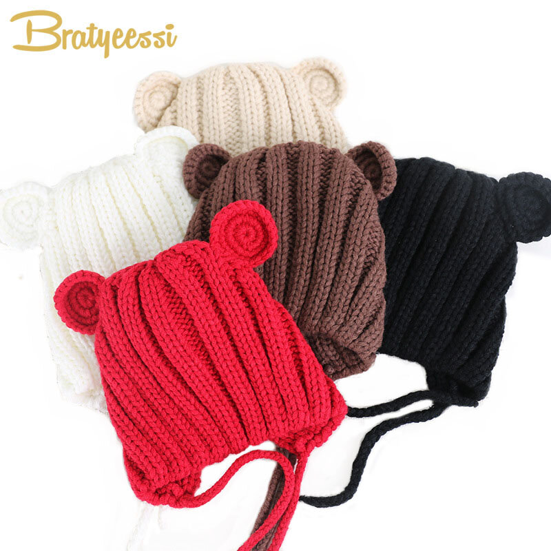 니트 겨울 아기 모자, 귀 만화 레이스 업 어린이 키즈 베이비 보닛 모자, 1-3 세 5 색