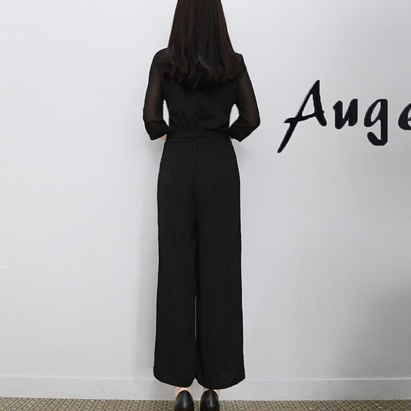 Black Elegant Jumpsuits For Women 2019 Summer Chiffon Seven Sleeve Wide Leg Womens Playsuit Ol Business Jumpsuit Zip DD2087