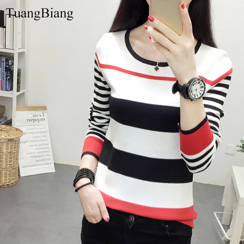 White Striped Round neck Pullovers Winter knit simple jumper elasticity Sweaters Autumn feminino Long Sleeve Women Clothing 2018