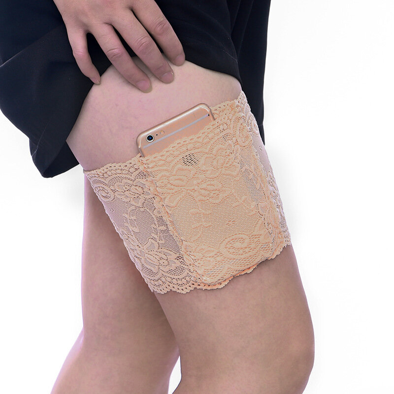 1pc Women Anti Chafing Floral Lace Thigh Bands Ladys Sexy Slim Leg Warmers Cuffs Phone Pocket Card Cell Anti-slip Thigh Pocket