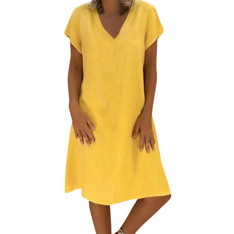2019 mujeres verano estilo Feminino Vestido de algodón Casual talla grande señoras Vestido Casual de lino Venta caliente #0522