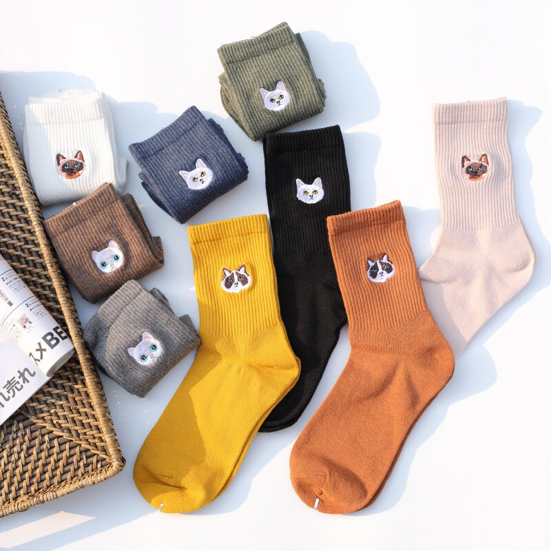 Calcetines de algodón puro con bordado Manual para mujer, medias divertidas con diseño de gato y perro, dólar plateado, dibujos animados, Harajuku, otoño e invierno