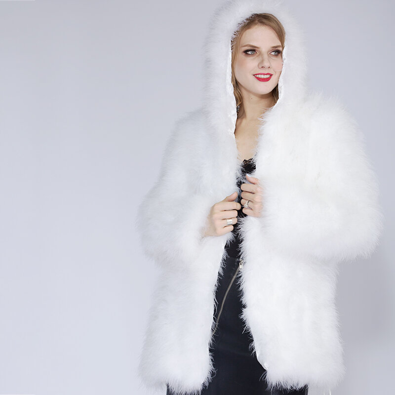Wnaorbm Mode Witte Kalkoen Bontjas Vrouwelijke Warme Lange Mouwen Winter Jas Heupomtrek Verstelbare Hooded Natuur Bont
