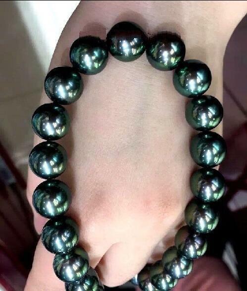 18" HUGE AAA 11-12MM SOUTH SEA ROUND BLACK GREEN PEARL NECKLACE new YELLOW GOLD