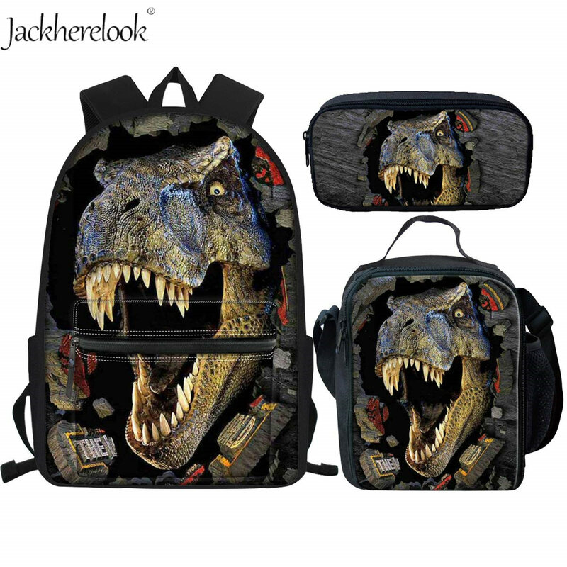 Jackherelook Keren T-rex Dinosaur Tas Sekolah Set 3 Pcs Besar Kanvas Ransel Anak Laki-laki Siswa Tas dengan makan Siang Kotak Pena Case