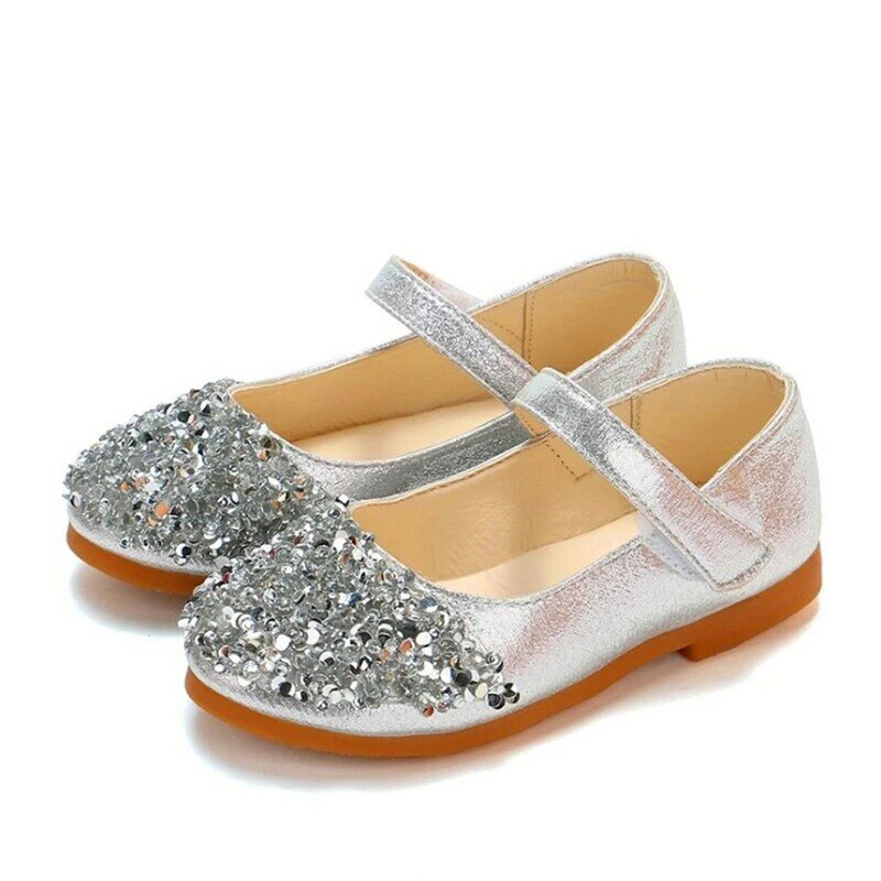 New Fashion Princess Shoes Pink Gold Silver Girls Shoes Glitter Rhinestone Sequins Kids Flats Children Wedding Party Dress Shoes