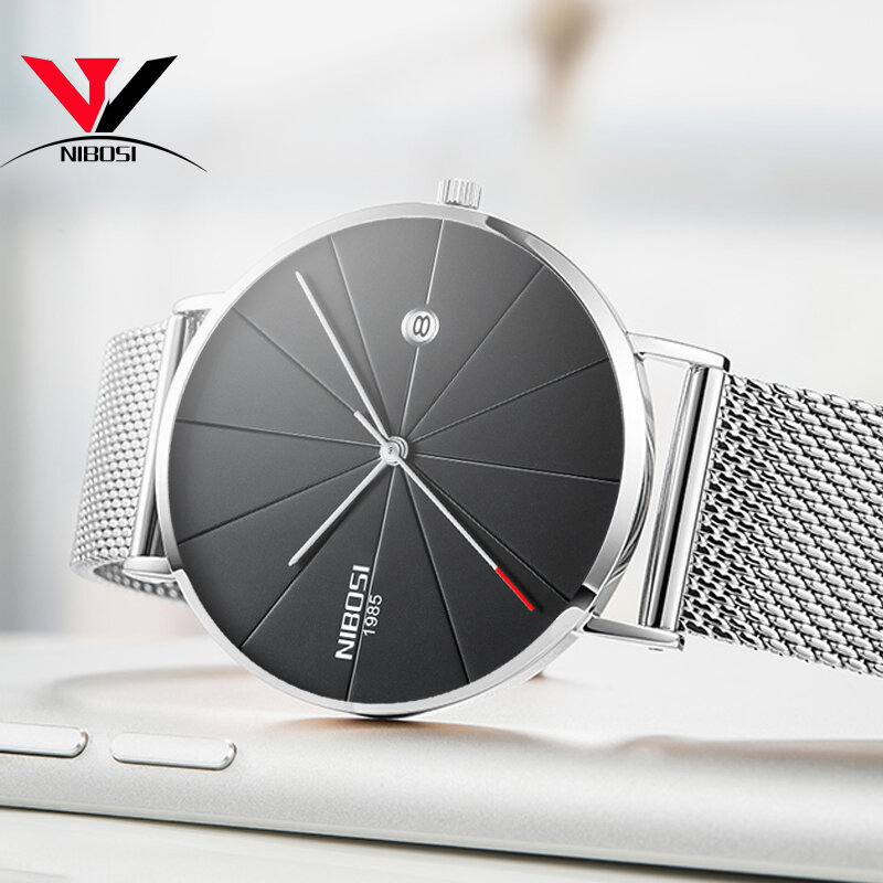 NIBOSI nowy męska zegarek Ultra-cienkie, modne zegarki proste biznes mężczyźni kwarcowe zegarki relógio męski mężczyzna zegar opaska siatkowa