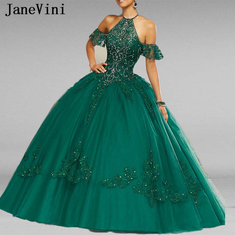 JaneVini Elegante Prinses Donkergroen Quinceanera Jurken baljurk Halter Applicaties Luxe Heavy Kralen Tulle Vestidos De 15 Anos